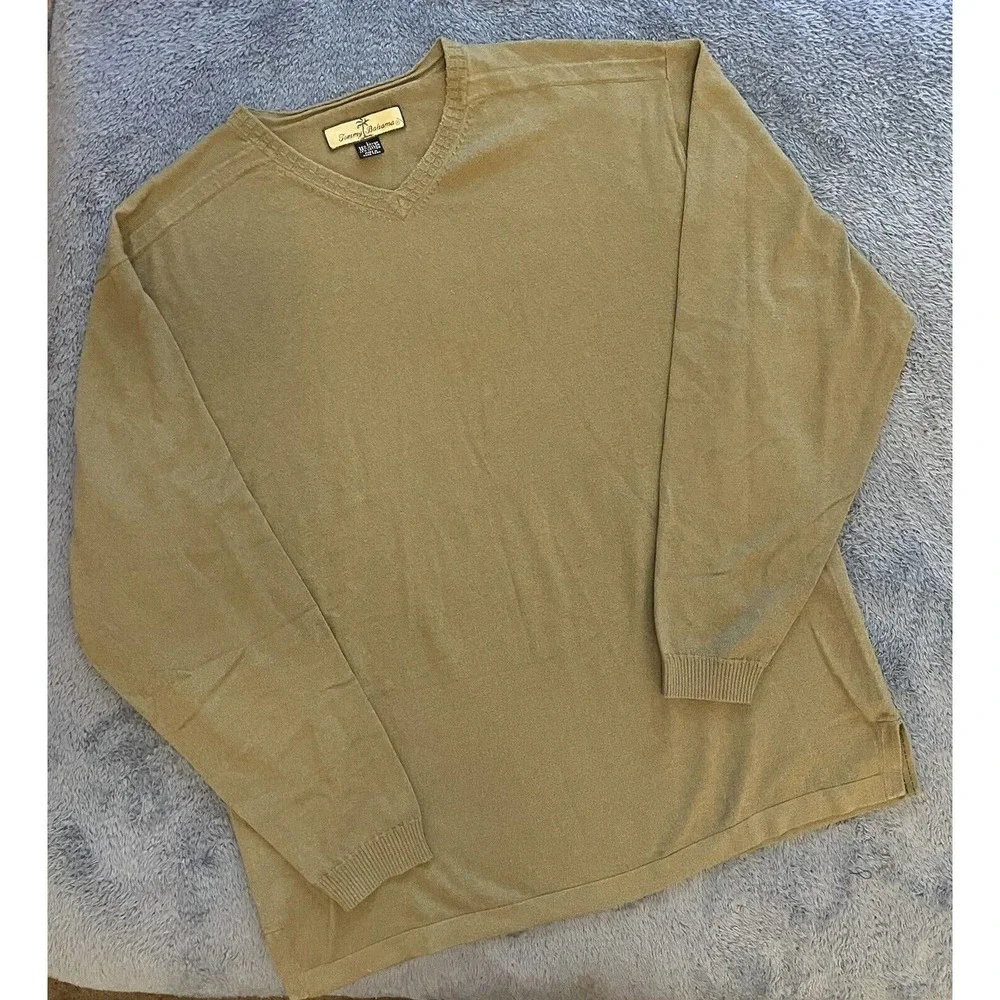 Tommy Bahama Mens L Sage Green Ribbed Knit Sweater Long Sleeve V Neck